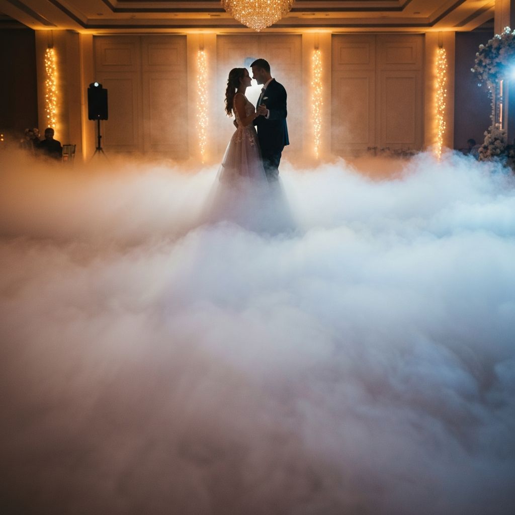 Dicker Bodennebel auf der Tanzfläche einer Hochzeit